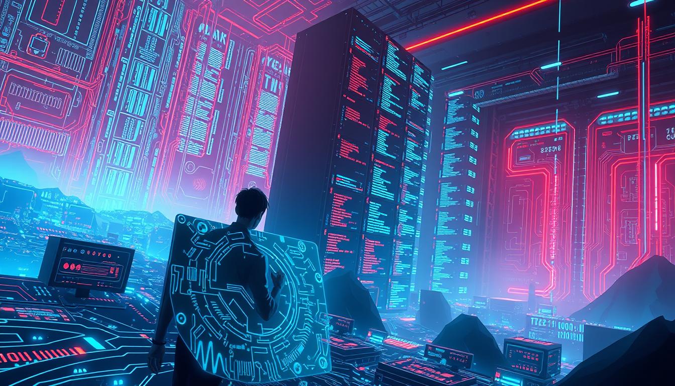 A vast cyberscape of shimmering data streams and intricate circuit patterns, bathed in an eerie neon glow. In the foreground, a shadowy figure manipulates a holographic interface, their hands dancing across a sea of digital information. Towering in the background, a colossal supercomputer pulses with raw computational power, its monitors displaying a dizzying array of code and complex algorithms. The atmosphere is one of tension and unease, hinting at the unseen forces that lurk within the depths of the digital realm, ready to unleash their advanced, innovative cyber attacks.