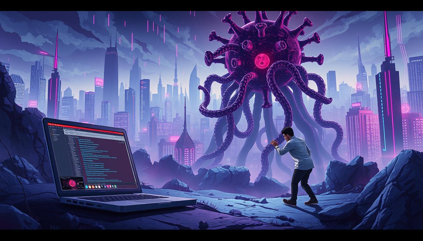 A surreal landscape depicting the limitations of antivirus software. In the foreground, a towering, glitched-out computer virus looms, its tentacles reaching out to ensnare a helpless laptop. The middleground shows a frustrated user desperately clicking on an antivirus program's outdated interface, unable to keep up with the ever-evolving digital threats. In the hazy background, a cyberpunk cityscape of skyscrapers and data streams symbolizes the complex, dynamic nature of modern cybersecurity challenges. The scene is bathed in an ominous, neon-tinged glow, conveying a sense of unease and the inadequacy of traditional antivirus solutions in the face of advanced malware.