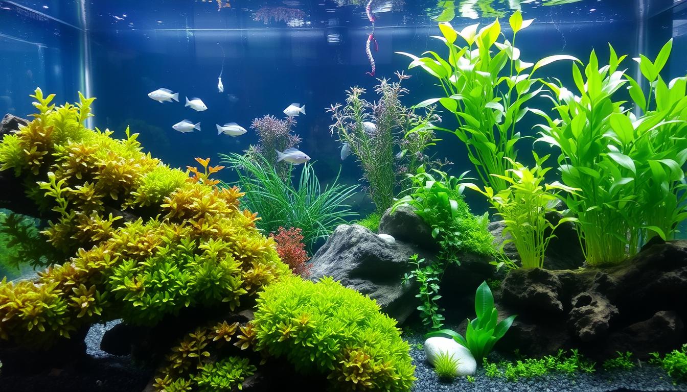 A vibrant, well-balanced aquarium ecosystem, bathed in soft, diffused lighting that gently illuminates the lush, verdant aquatic plants swaying in the current. In the foreground, a diversity of algae species - green, brown, and red - cling to the driftwood and rocks, creating a natural and harmonious composition. Schooling fish dart through the water, their shimmering scales catching the light. The middle ground features a carefully curated arrangement of aquatic plants, their leaves and stems providing shelter and oxygen for the aquatic inhabitants. In the background, a sense of depth is created by the subtle gradients of the water, hinting at the hidden depths of the aquarium's ecosystem. An atmosphere of tranquility and natural balance pervades the scene, inviting the viewer to appreciate the delicate interplay of the aquarium's components.
