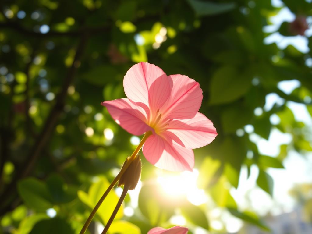 A blooming Begonia flower, its delicate petals bathed in soft, dappled sunlight filtering through lush, verdant foliage. The scene is captured from a low angle, emphasizing the flower's graceful form and its harmonious integration within a natural, garden-like setting. The lighting is warm and inviting, creating a sense of tranquility and serenity. Subtle shadows and highlights accentuate the flower's intricate textures and vibrant colors, showcasing its beauty and the ideal sunlight requirements for its thriving growth.