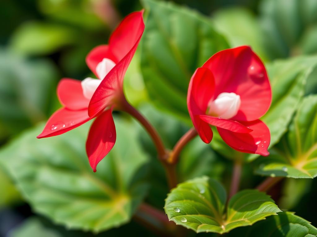 A lush, close-up view of a thriving Begonia flower, its delicate petals gently unfurling in soft, natural lighting. The flower's vibrant, saturated hues contrast beautifully against a subtly blurred, muted green foliage backdrop, creating a sense of depth and focus. The scene exudes a sense of tranquility and care, with the Begonia's moisture requirements clearly visible in the glistening droplets on its leaves. Captured at a slight angle to emphasize the flower's graceful, asymmetrical form, the image showcases the Begonia's unique characteristics and cultivation needs.
