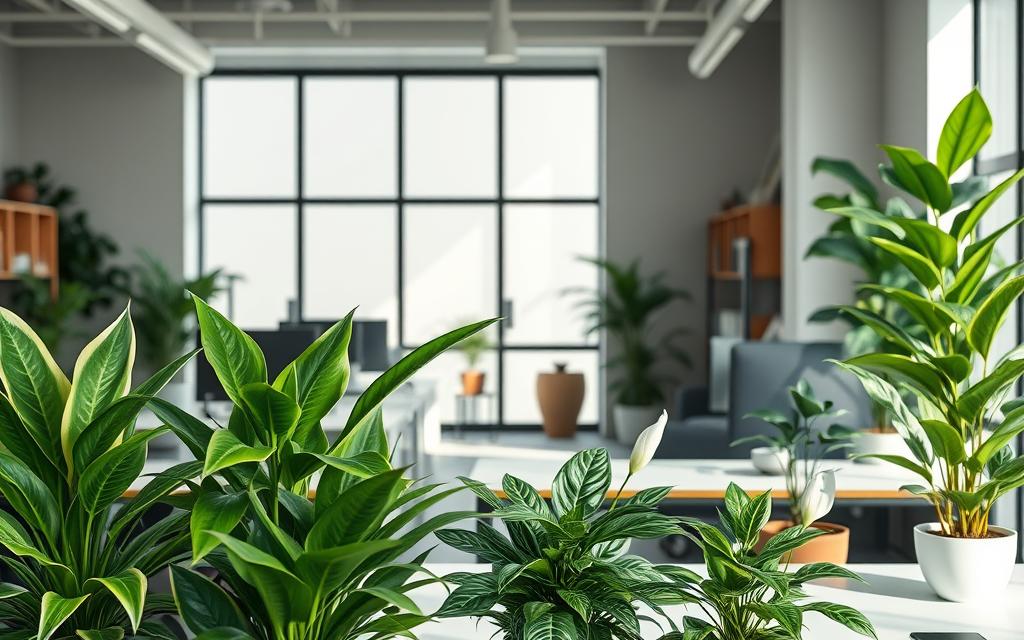 a highly detailed, photorealistic image of a variety of indoor plants thriving in shaded, indoor office environments. The composition should focus on the foreground, showcasing a selection of low-light tolerant species such as snake plants, Chinese evergreens, ZZ plants, and peace lilies, arranged in an aesthetically pleasing manner on desks, shelves, and other office furniture. The middle ground should depict a minimalist, contemporary office setting, with neutral-toned walls, natural lighting filtering in through large windows, and subtle hints of professional decor. The background should maintain a sense of depth, hinting at the broader confines of the office space. Utilize a shallow depth of field to ensure the plants remain the central focus, with soft, natural lighting creating a calming, inviting atmosphere.