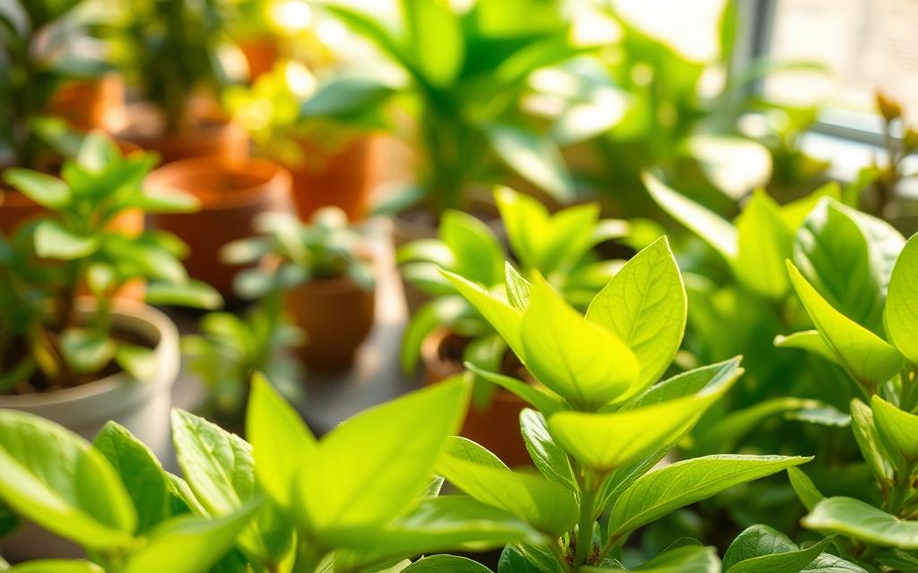 A lush indoor garden with healthy, vibrant green plants. In the foreground, a close-up view of a plant's leaves, showcasing the vibrant green hues and delicate textures. In the middle ground, a variety of potted plants, each with unique leaf shapes and sizes, arranged artfully. The background features warm, natural lighting, casting a gentle glow over the scene. The image conveys a sense of life, wellness, and the restorative power of nature, focusing on the solutions to address yellowing leaves.