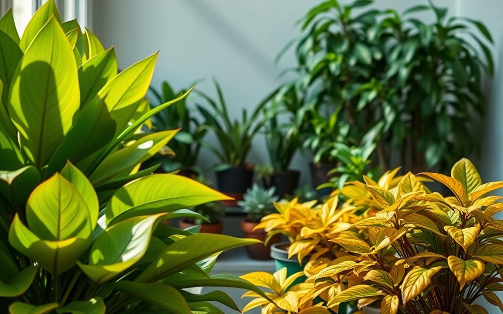 A lush indoor garden, bathed in soft, indirect lighting that casts gentle shadows. In the foreground, vibrant green leaves gradually transition to a sickly, yellowed hue, depicting the phenomenon of leaf chlorosis. The middle ground showcases a variety of potted houseplants, their once-verdant foliage now mottled with shades of ochre and amber. The background fades into a serene, neutral tone, allowing the plant's struggle to take center stage. The overall mood is one of concern and introspection, inviting the viewer to ponder the causes and potential solutions to this common issue faced by indoor gardeners.