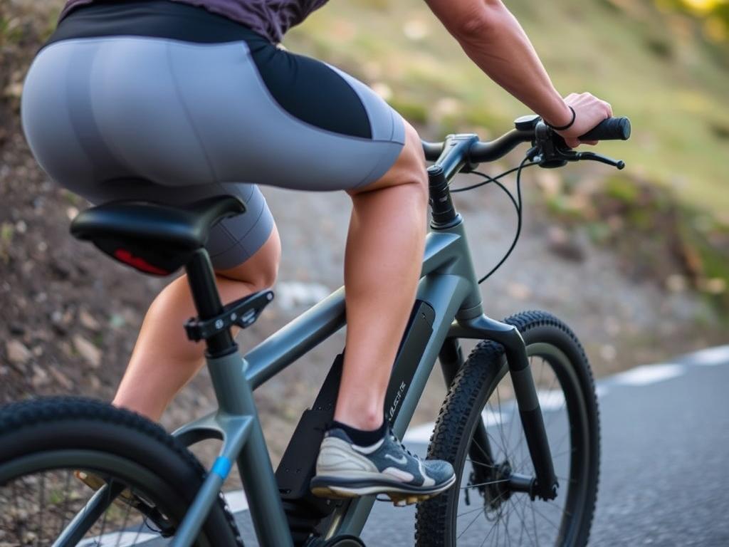 Person riding e-bike uphill showing pedal-assist feature for weight loss