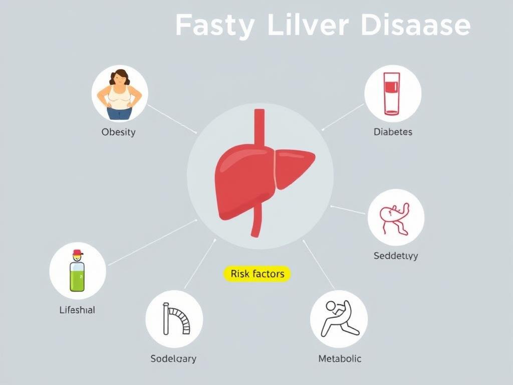 Ilustração dos fatores de risco para gordura no fígado, incluindo obesidade e diabetes