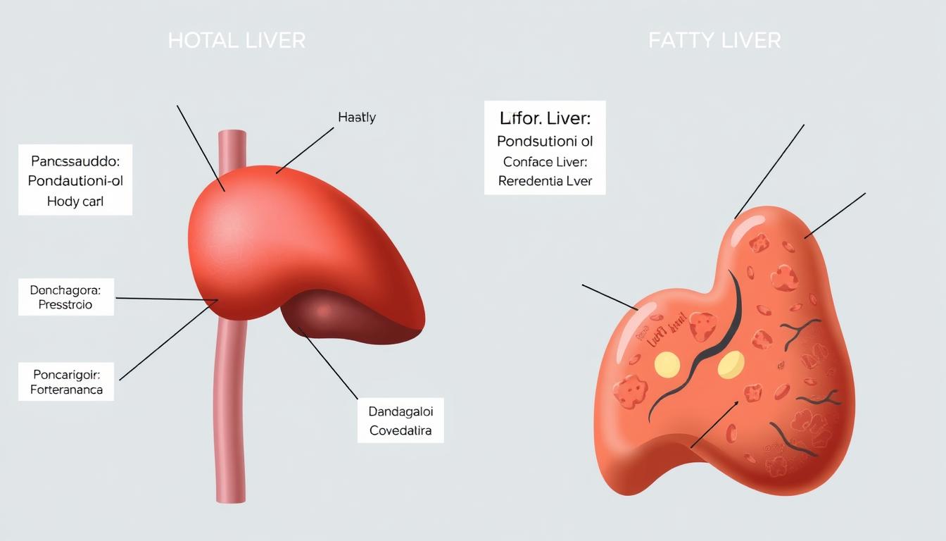 Ilustração comparativa entre um fígado saudável e um fígado com acúmulo de gordura