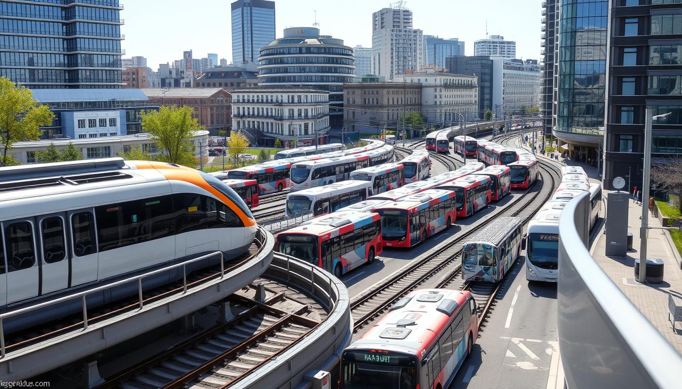 A bustling urban scene of the Rhine-Ruhr region's efficient public transportation network. In the foreground, a sleek high-speed train glides along elevated tracks, its streamlined design and bright livery reflecting the modernization of the system. In the middle ground, a fleet of articulated buses navigate through the streets, their distinctive red and white colors standing out against the surrounding cityscape. In the background, a mix of modern and historic buildings frame the scene, hinting at the area's rich industrial heritage. The lighting is crisp and natural, capturing the energy and dynamism of this well-connected metropolitan area. The overall composition conveys a sense of accessibility, efficiency, and integration that visitors to the 2025 Summer Universiade can expect when navigating the Rhine-Ruhr's comprehensive public transport network.