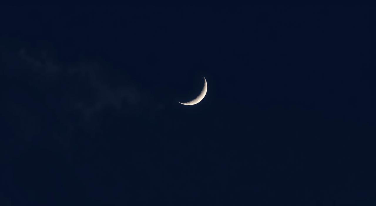 A serene, crescent-shaped sliver of the new moon, hovering delicately against the deep indigo expanse of the night sky. The lunar disc appears as a faint, luminous crescent, barely illuminated by the sun's reflected light. Thin wispy clouds drift lazily across the celestial canvas, adding depth and drama to the scene. The overall mood is one of tranquility and mystery, inviting the viewer to gaze upwards and contemplate the rhythmic cycles of the heavens. The new moon is captured in a sharp, high-resolution photograph, with a crisp focus that accentuates the subtle textures and contours of the lunar surface.
