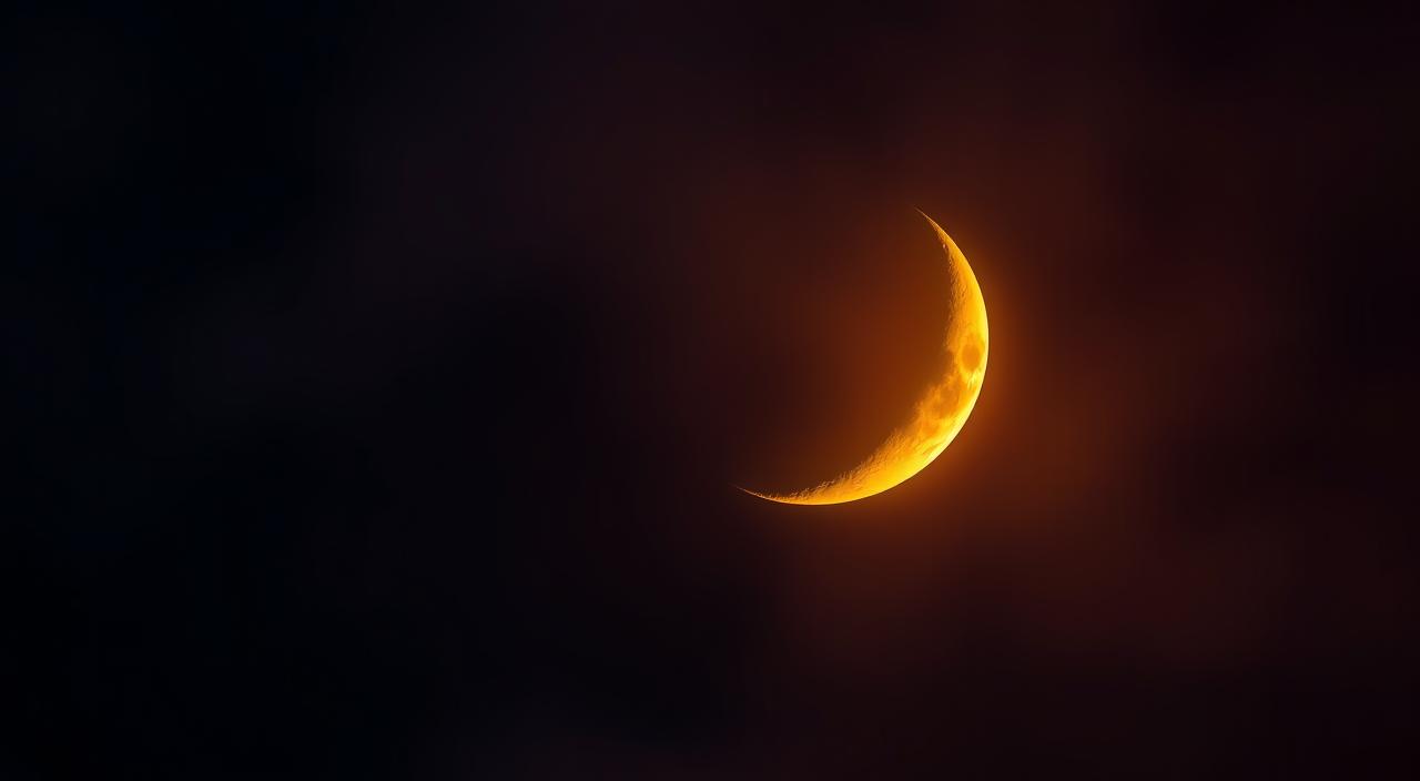 A detailed, high-resolution image of the crescent moon in the night sky, illuminated by warm, golden tones. The moon occupies the central foreground, with a hazy, atmospheric background featuring a gradient of deep blues and purples, suggesting the twilight hours. The moon's craters and surface features are clearly visible, captured in a level of detail that conveys the scientific and astronomical nature of the subject. The overall composition creates a serene, contemplative mood, befitting the "Dados Astronômicos da Lua Hoje" section of the article.