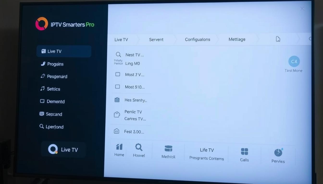 A detailed, minimalist interface of the IPTV Smarters Pro APK, showcasing its sleek and intuitive design. The screen displays a clean, modern layout with clearly organized sections for live TV, on-demand content, and various configuration options. The interface is bathed in a soft, warm lighting, creating a cozy and inviting atmosphere. The perspective is slightly elevated, giving a comprehensive overview of the app's functionality. The colors are muted yet vibrant, with a focus on easy readability and user-friendly navigation. The overall tone is one of professionalism and refinement, reflecting the app's powerful features and capabilities.