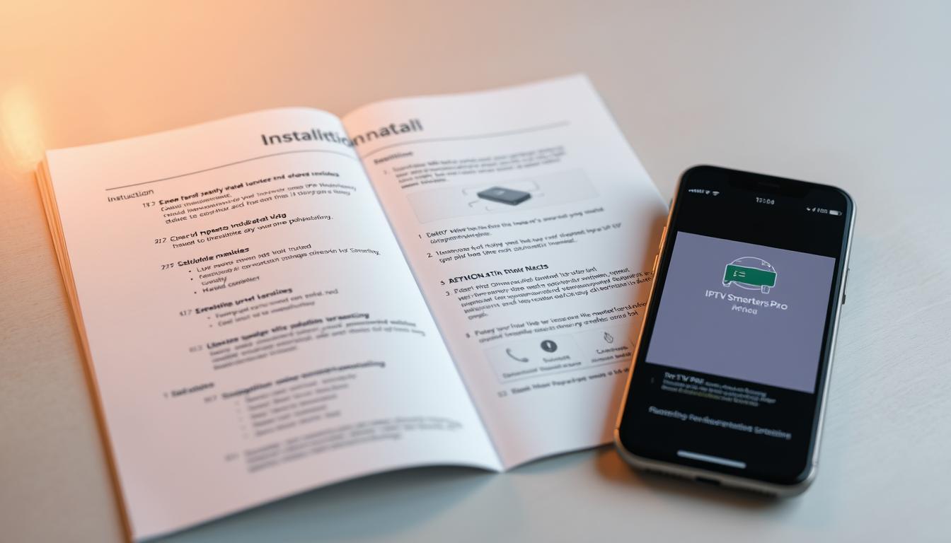 Detailed technical instruction manual for IPTV Smarters Pro software installation. Crisp, clean page layout with step-by-step guides and clear diagrams. Warm, neutral lighting illuminates the screen, with a slight reflection conveying a sense of depth. High-resolution mockup of mobile device displaying the IPTV Smarters Pro app interface. Gentle shadows and soft focus in the background create a professional, informative atmosphere. Minimal, uncluttered design prioritizes user experience and comprehension of the installation process.