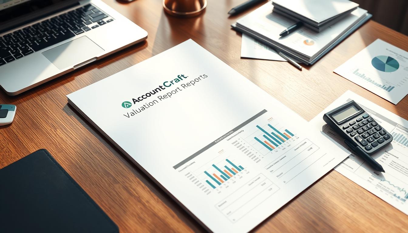 A professional-looking valuation report featuring the AccountCraft logo prominently displayed. The report is presented on a wooden desk with a laptop, calculator, and other financial documents surrounding it. Soft, natural lighting illuminates the scene, creating a sense of productivity and expertise. The report's pages showcase detailed financial metrics, charts, and analysis related to YouTube channel performance and valuation. The overall mood is one of analytical rigor and financial credibility.