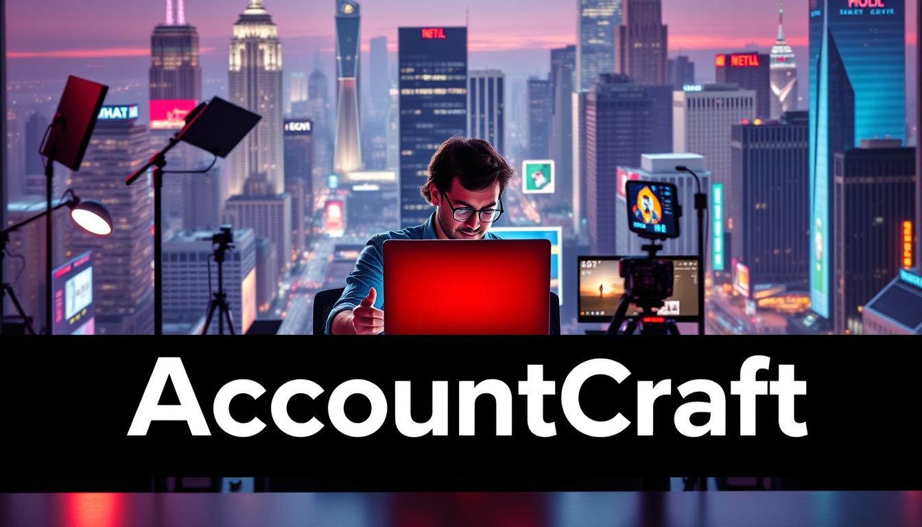 A vibrant, cinematic scene depicting a monetized YouTube channel. In the foreground, the AccountCraft logo hovers prominently, its modern design and bold colors commanding attention. In the middle ground, a content creator sits at a desk, surrounded by professional lighting and video equipment, intensely focused on their laptop screen as they manage their channel's analytics and monetization strategies. The background showcases a dynamic cityscape, with skyscrapers and bustling streets, symbolizing the vast potential and opportunities of the digital landscape. The overall atmosphere conveys a sense of hustle, ambition, and the thrill of building a successful online presence.