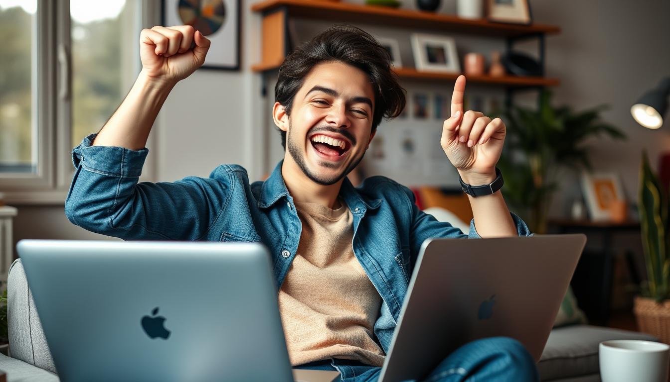 Person celebrating successful digital product launch with laptop showing sales