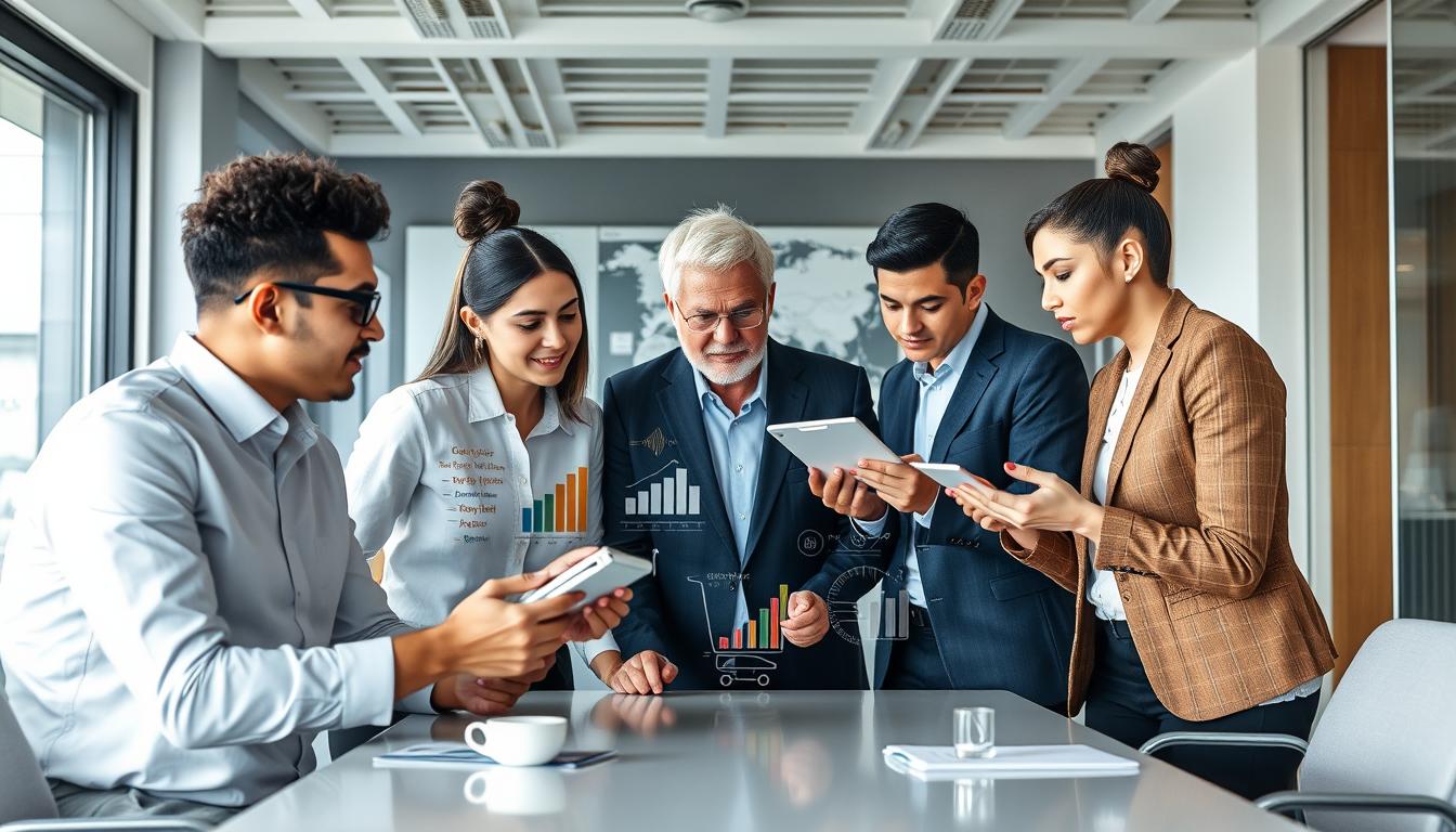 Business team evaluating e-commerce trends and technologies for implementation in 2025