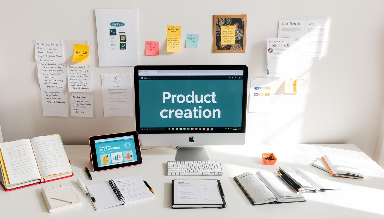 A workspace setup for creating digital products with computer, notebook, and planning materials