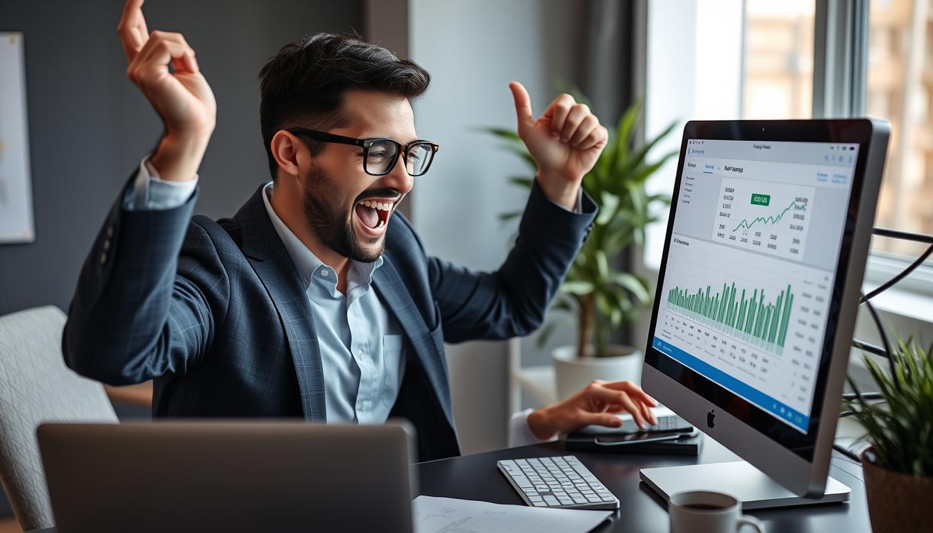Person celebrating successful online income achievement of $1000/month online in 2025