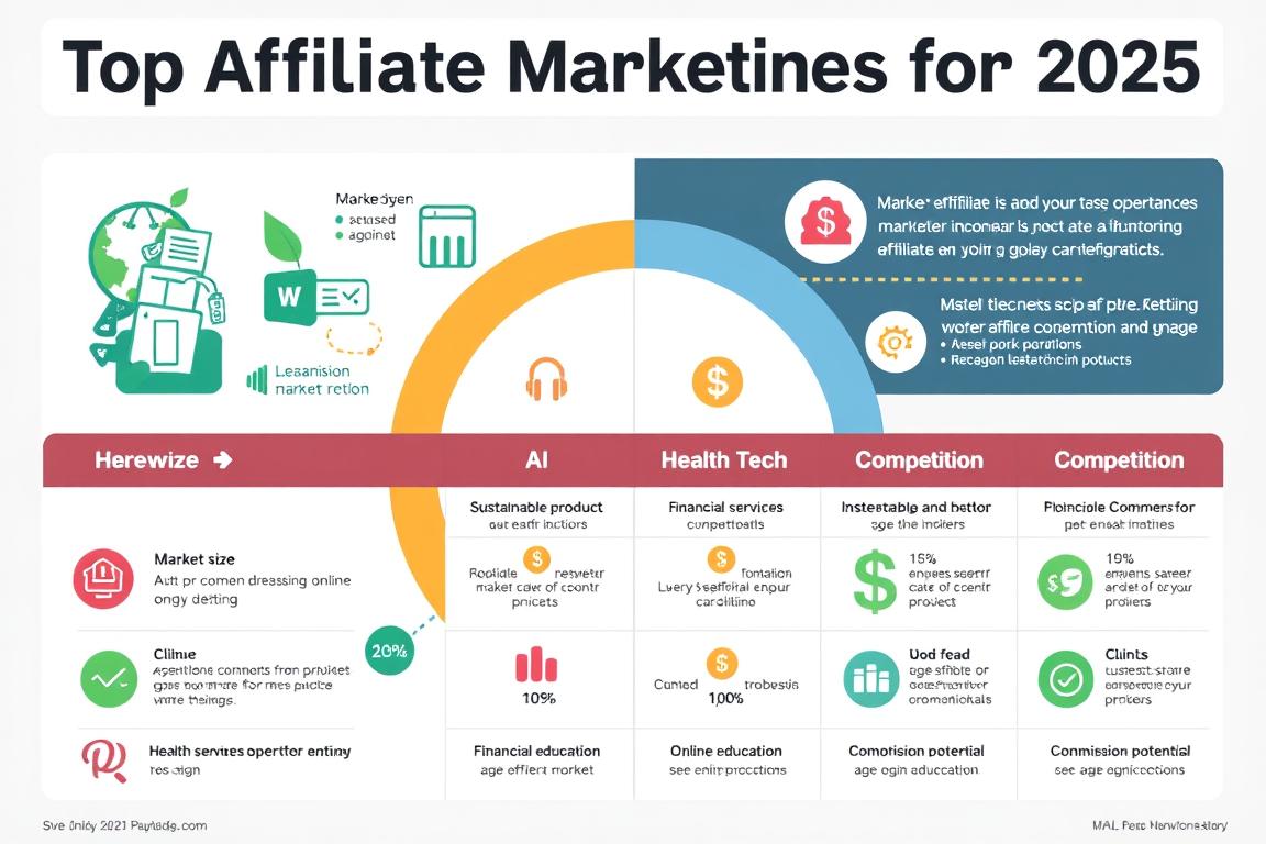 Visual representation of profitable affiliate marketing niches for 2025 showing relative market size and commission potential