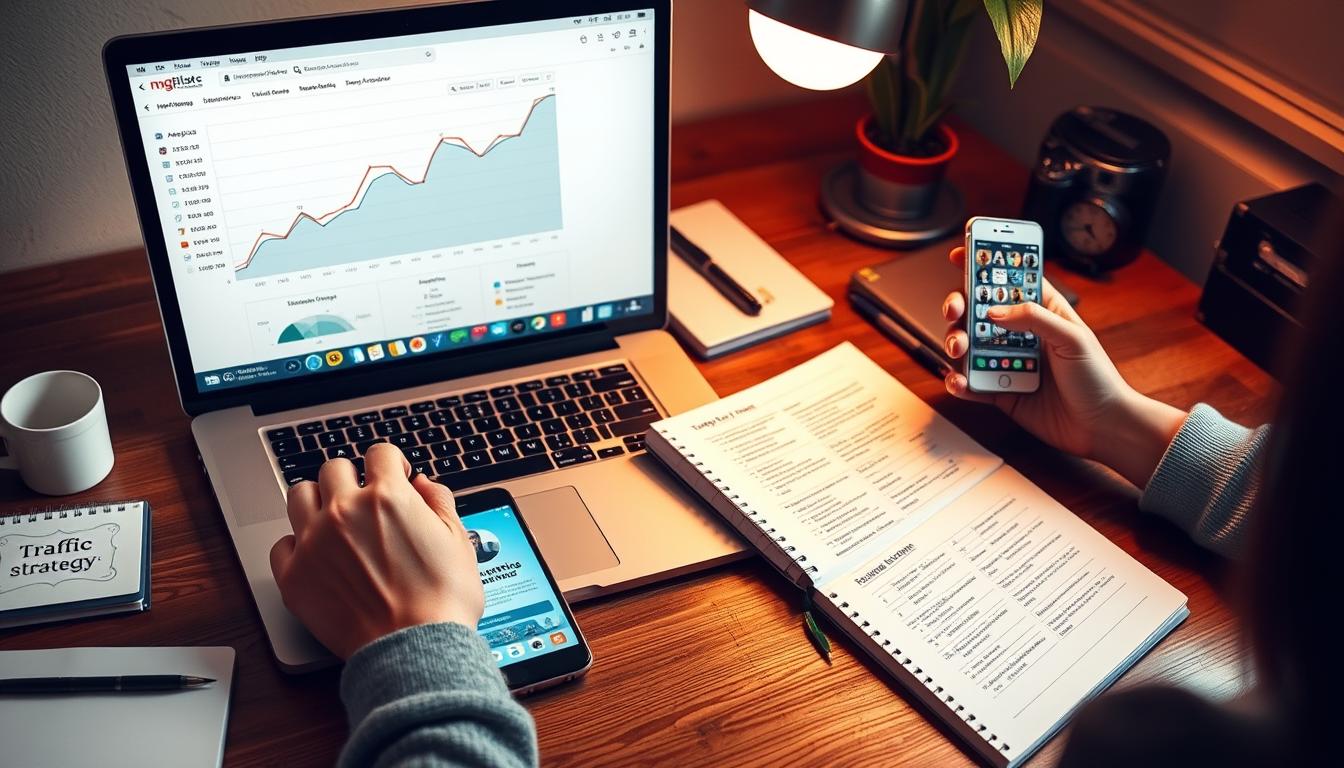 Person implementing blog traffic strategies on a laptop with visible growth charts