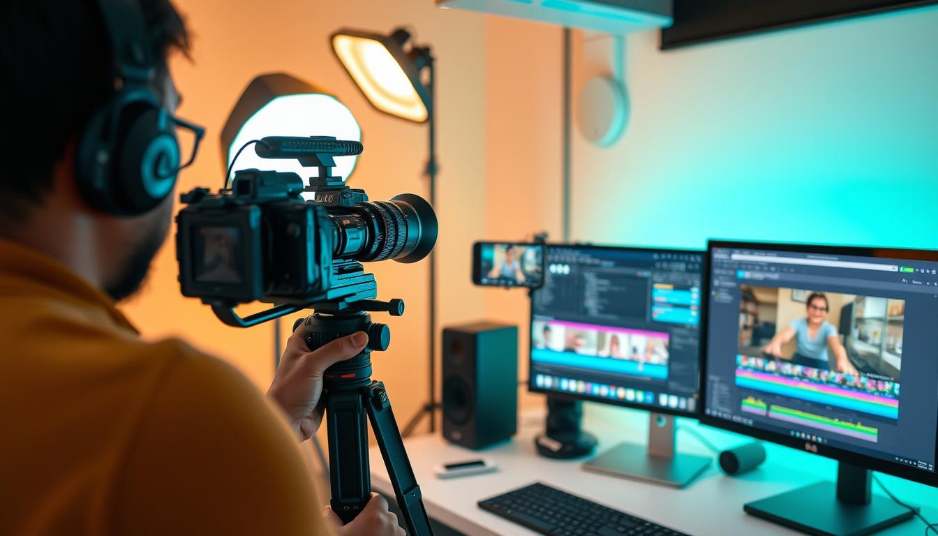 Content creator filming video for social media platforms to earn $1000/month online in 2025