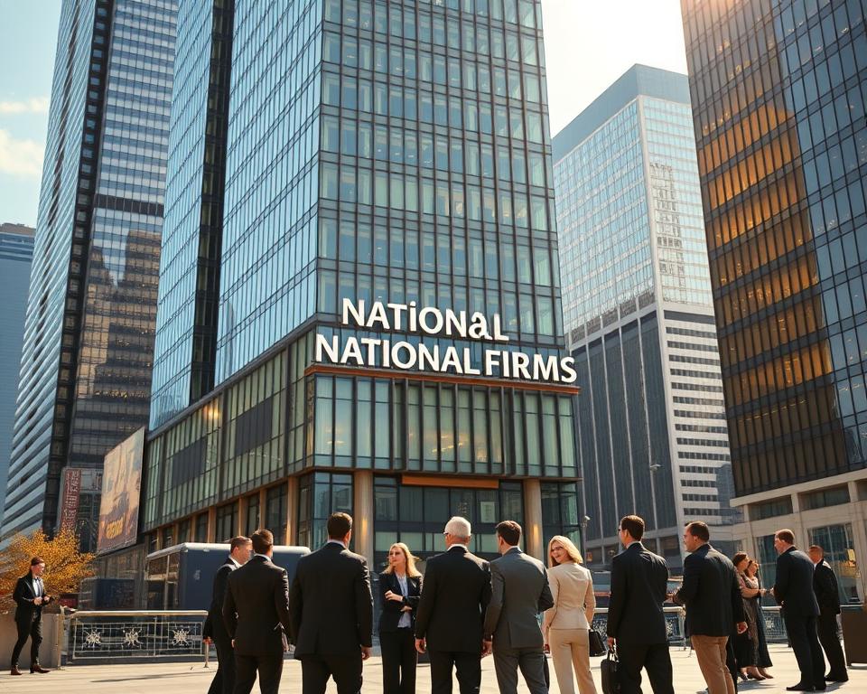 Inkwrit: A majestic, modern high-rise building with sleek glass facades and towering steel frames, surrounded by a bustling urban landscape. The building's signage prominently displays the name &quot;National Law Firms&quot; in a bold, professional font. The scene is bathed in warm, directional lighting, casting dramatic shadows and highlights across the architectural elements. In the foreground, a group of well-dressed individuals, presumably lawyers, are engaged in animated discussions, conveying the sense of a thriving, prestigious legal practice. The overall atmosphere exudes a strong sense of authority, expertise, and nationwide reach.