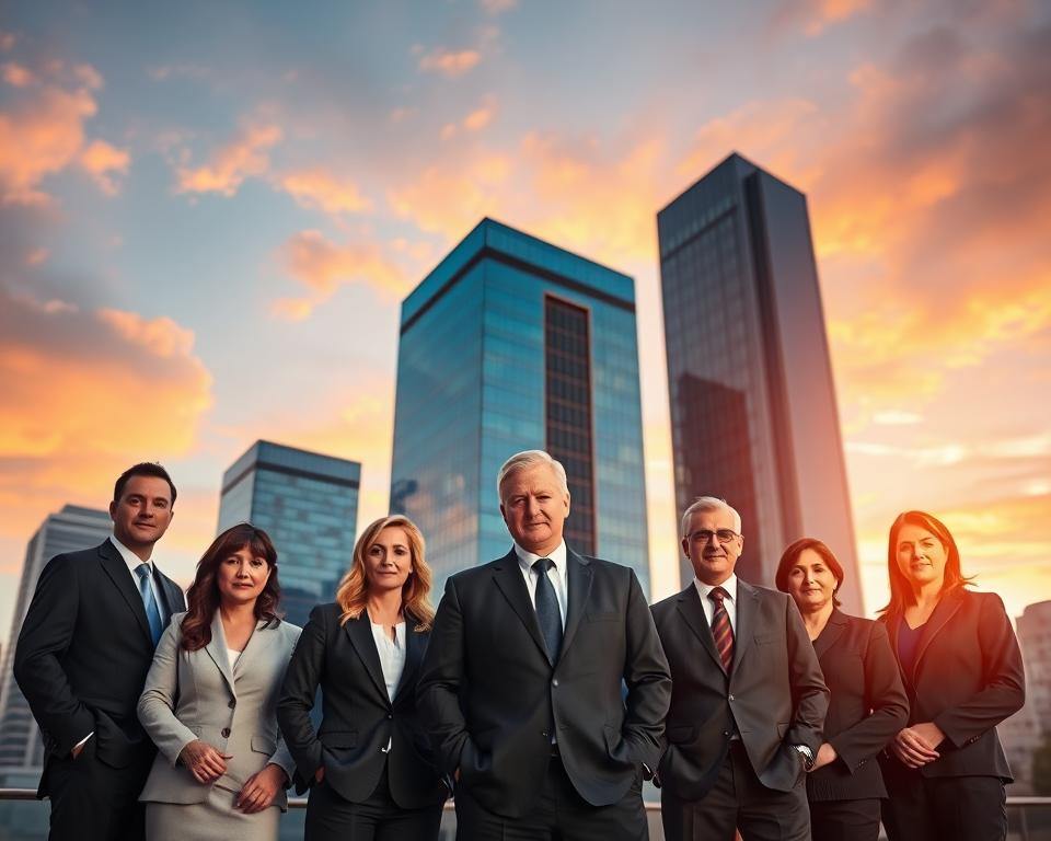 Midwest Region accident lawyers, a confident and professional team of attorneys standing tall against a backdrop of modern skyscrapers, conveying the strength and expertise of the Inkwrit law firm. Warm lighting casts a soft glow, highlighting the group's sharp suits and determined expressions. The composition is balanced, with the lawyers in the foreground framed by the urban landscape in the middle ground and a vibrant, sunset-painted sky in the background, creating a sense of authority and success.