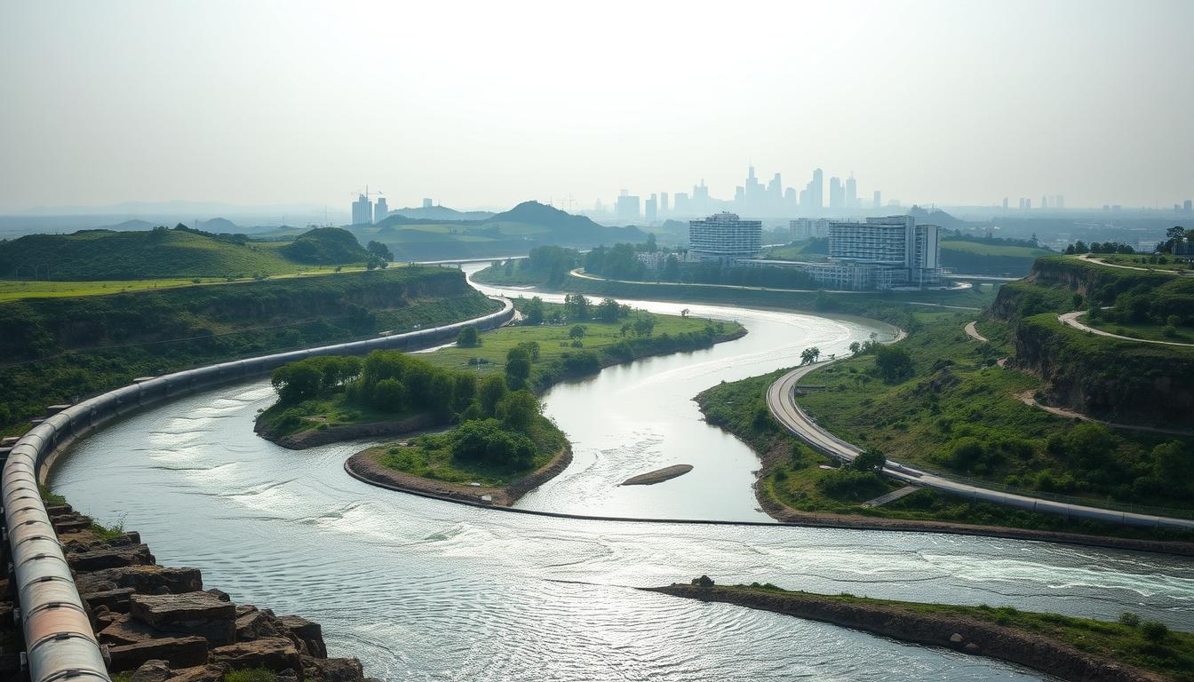A serene landscape with a meandering river or aqueduct winding through the center. In the foreground, water flows efficiently through a network of pipes and channels, conveying a sense of speed and precision. The middle ground features lush greenery and rolling hills, symbolizing the natural environment. In the background, a modern city skyline emerges, representing the urban infrastructure. The lighting is soft and diffused, creating a sense of tranquility. The composition emphasizes the harmony between natural and man-made elements, highlighting the effectiveness and timeliness of the water delivery system.