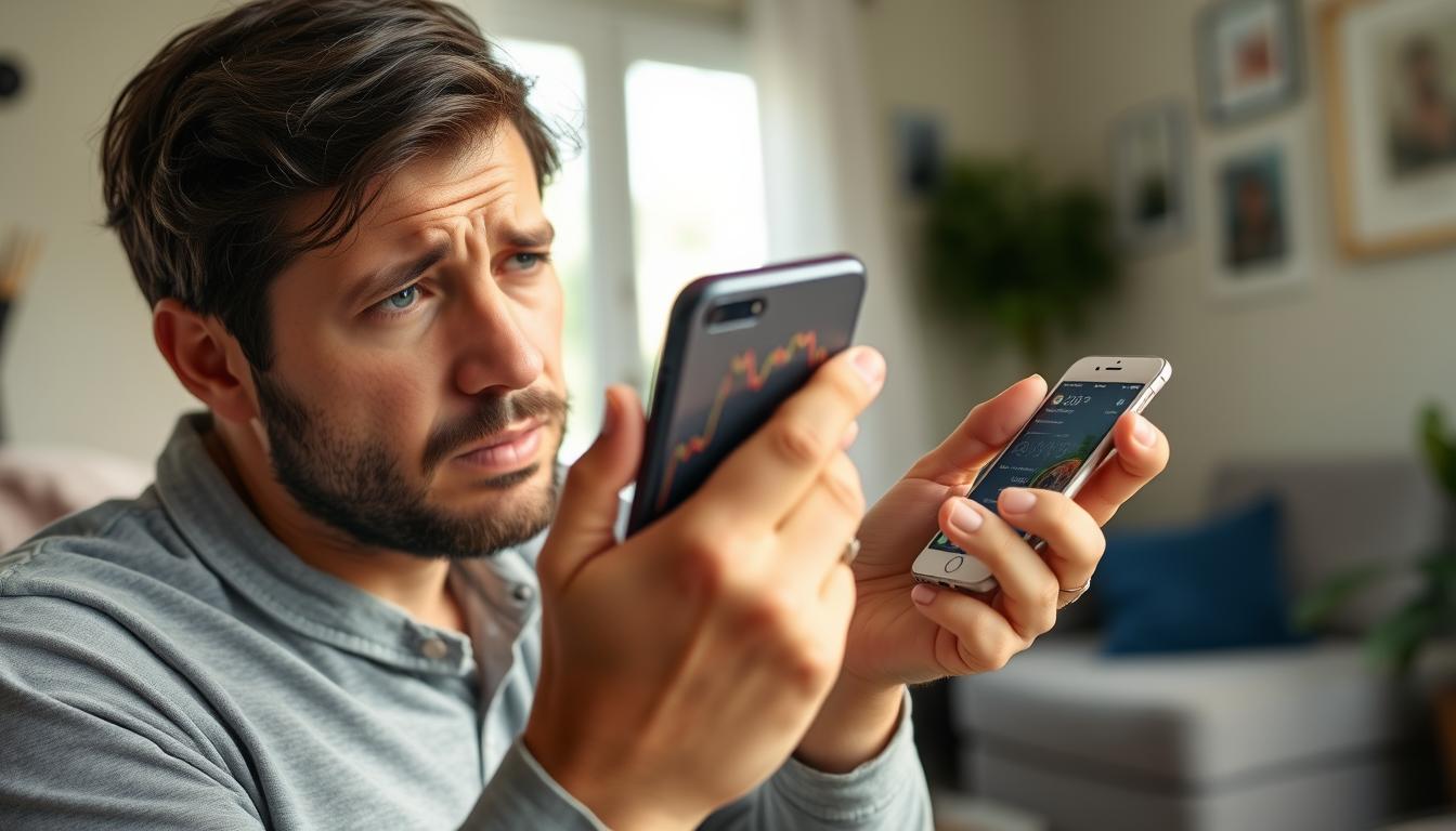 Person looking stressed while checking cryptocurrency prices on smartphone