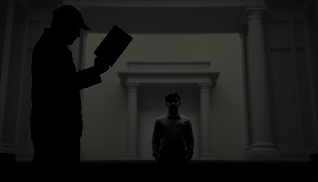 a somber, high-contrast scene depicting the concept of a &quot;black warrant&quot; in the Indian legal system. A shadowy figure representing the state authority stands in the foreground, holding a black envelope symbolizing the warrant. In the middle ground, a lone individual with a pensive expression faces the authoritative figure, conveying the gravity and unease associated with a black warrant. The background is subdued, with muted tones and architectural elements suggestive of a courtroom or government building, creating a sense of formality and solemnity. The lighting is dramatic, with strong chiaroscuro effects, highlighting the tension and weight of the moment. The overall mood is somber, reflecting the serious implications of a black warrant within the Indian legal context.