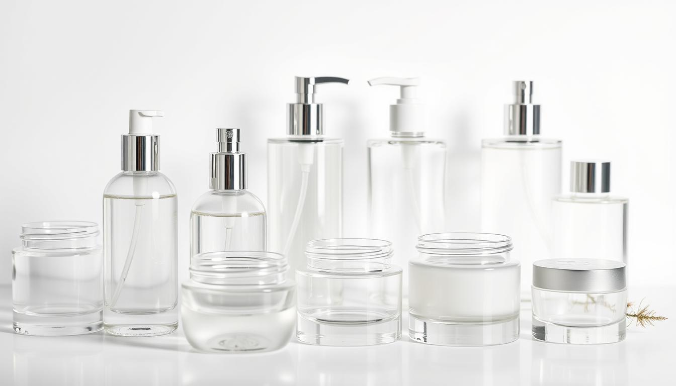 A pristine, close-up photograph of glycerin-based skincare products displayed on a crisp white background, featuring an array of elegant glass bottles, jars, and pumps filled with a clear, viscous liquid. Soft, diffused lighting creates a subtle, reflective glow, accentuating the translucent nature of the glycerin formulations. The composition is meticulously arranged, with the products positioned to showcase their forms and textures, conveying a sense of purity, simplicity, and the essential role of glycerin in nourishing and hydrating the skin.