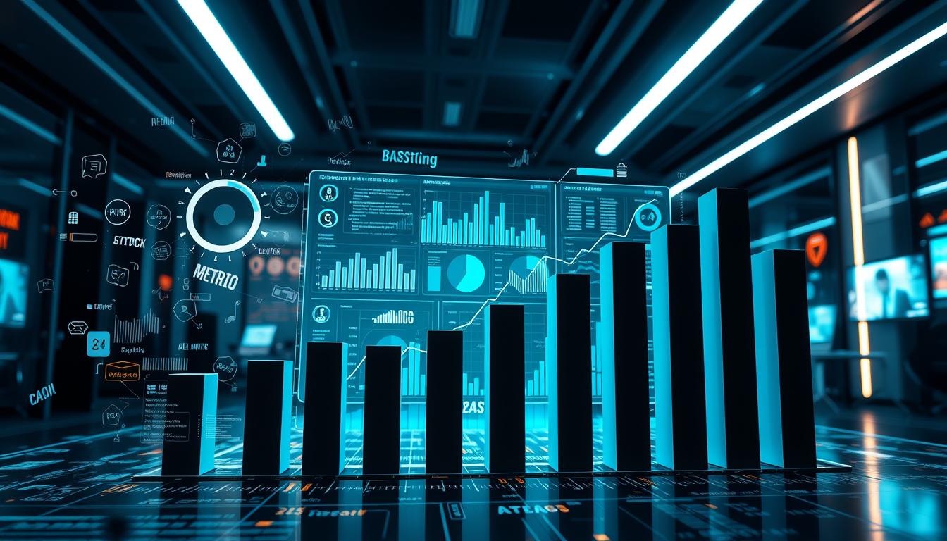 A complex bar chart with intricate data visualizations, set against a futuristic digital landscape. The foreground features various analytics metrics and KPIs swirling around, hinting at the challenges of accurately measuring digital marketing ROI. The middle ground showcases a holographic dashboard with fluctuating graphs and charts, symbolizing the difficulty of consolidating disparate data sources. The background depicts a sleek, high-tech office environment, with subtle neon accents and glowing screens, creating an atmosphere of technological sophistication tinged with uncertainty. Dramatic lighting from multiple angles casts dramatic shadows, emphasizing the gravity of the measurement challenges. Overall, the image conveys the inherent complexities of quantifying the return on investment in the digital marketing realm.