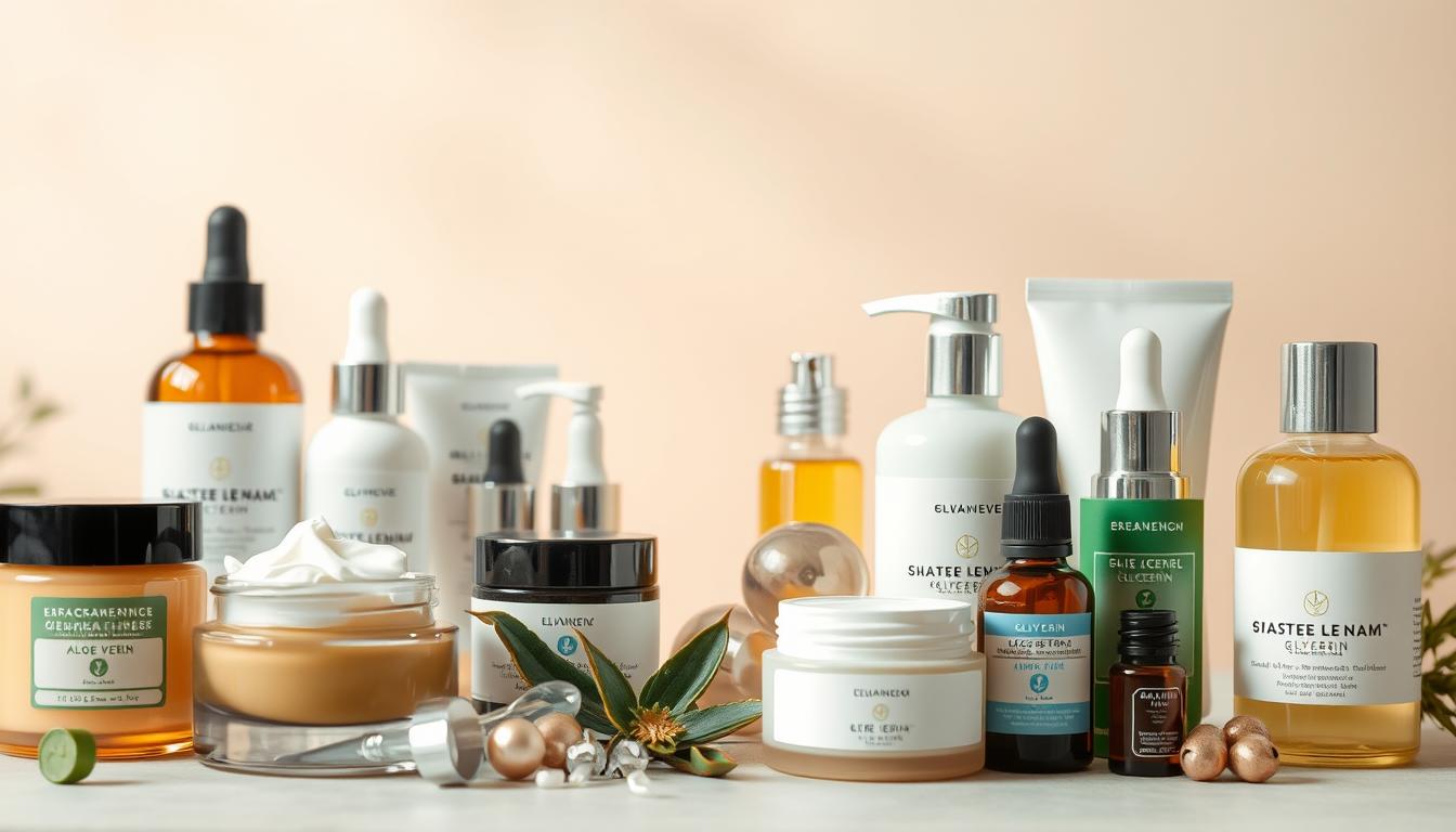A close-up still life composition featuring a variety of skincare products with glycerin as the central ingredient. The foreground showcases an array of facial creams, serums, and lotions in different textures and shades, artfully arranged on a soft, muted background. The middle ground highlights a few key ingredients like aloe vera, vitamin E, and essential oils that synergize with the glycerin. The background provides a gentle, hazy ambiance, potentially with a clean, minimalist backdrop to emphasize the ingredients. Soft, warm lighting from above casts a natural, inviting glow on the products, showcasing their formulations. The overall mood is one of skincare expertise, efficacy, and the transformative power of glycerin-infused formulas.