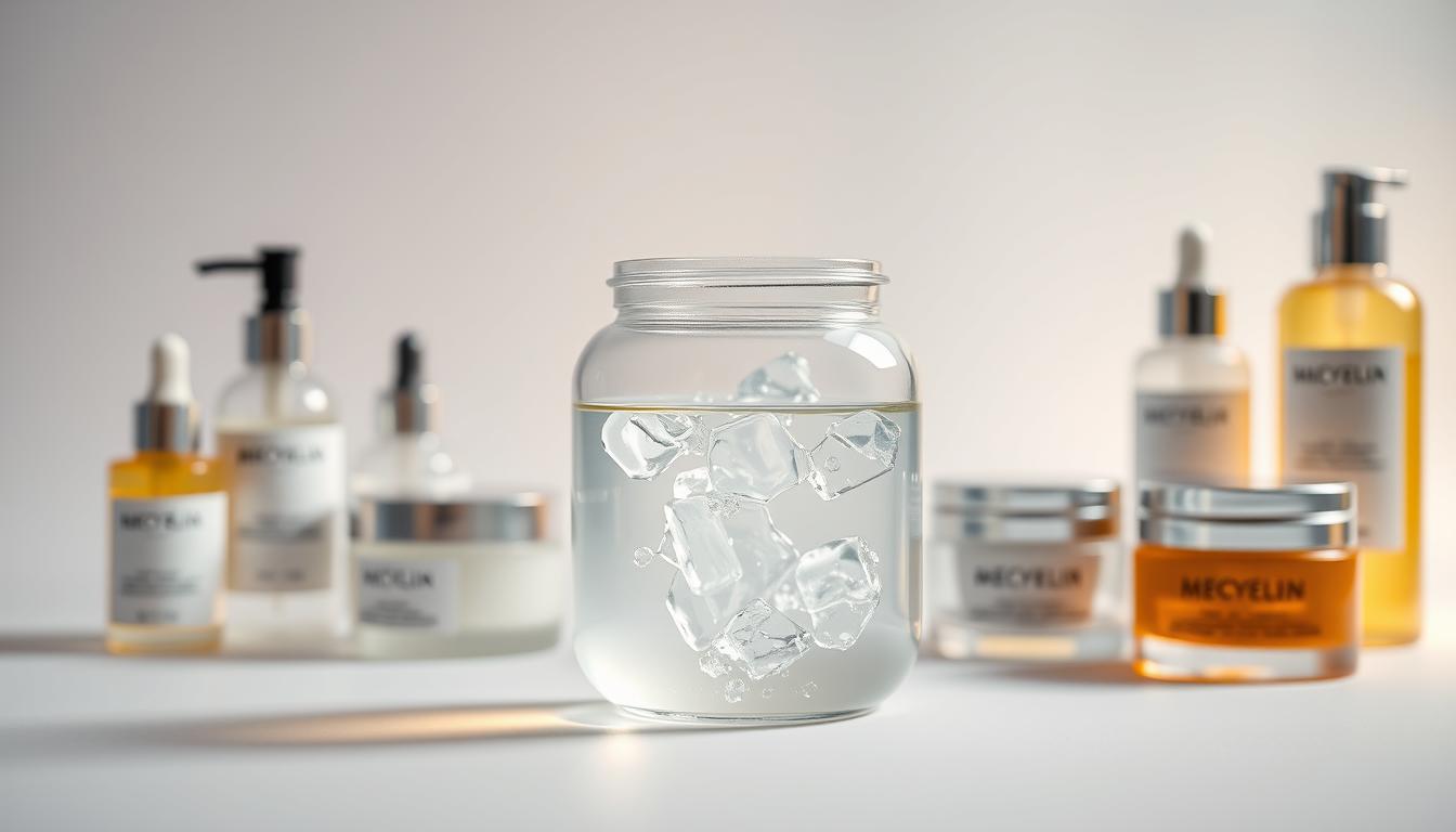 A professional-quality skincare product display, featuring a clear glass jar filled with a transparent viscous liquid (glycerin), resting on a clean white background. The jar is illuminated by warm, diffused lighting, casting subtle shadows and highlights that accentuate the fluid's texture and reflective properties. In the middle ground, a selection of high-end skincare bottles and jars surround the glycerin jar, showcasing a range of formulations. The background is softly blurred, creating a sense of depth and focus on the central glycerin display. The overall composition conveys a sense of scientific precision, quality, and the integral role of glycerin in advanced skincare formulations.