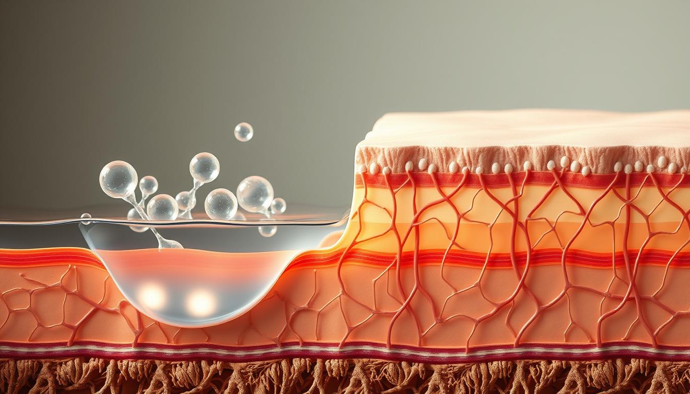 A cross-sectional view of the skin's epidermis and dermis layers, with a focus on the glycerin hydration process. In the foreground, glycerin molecules are shown penetrating the stratum corneum, the outermost layer of the epidermis. The middle ground depicts the glycerin molecules drawing water from the dermis and dispersing it throughout the epidermis, plumping and hydrating the skin cells. The background showcases the intricate network of collagen and elastin fibers in the dermis, supporting the skin's structure and elasticity. Soft, natural lighting illuminates the scene, creating a serene, scientific atmosphere. Rendered in a detailed, anatomical style with a muted color palette, highlighting the elegance of the skin's hydration mechanisms.