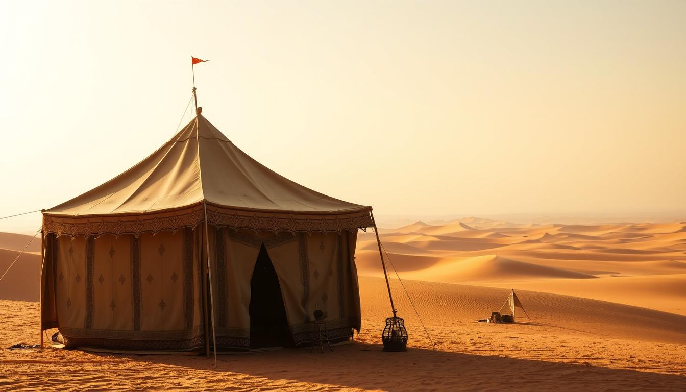 A traditional Moroccan desert tent stands majestically in the foreground, its sturdy fabric panels and intricate pattern-work illuminated by warm desert sunlight. In the middle ground, a small campsite comes into view, with a fire pit and other essential camping gear. The background features an expansive, undulating sea of golden sand dunes, with a hazy, cloudless sky overhead. The scene conveys a sense of timeless tradition, rugged resilience, and the tranquil solitude of the Saharan wilderness. The tent's design and construction reflect the rich cultural heritage and ingenious adaptation to the harsh desert environment.