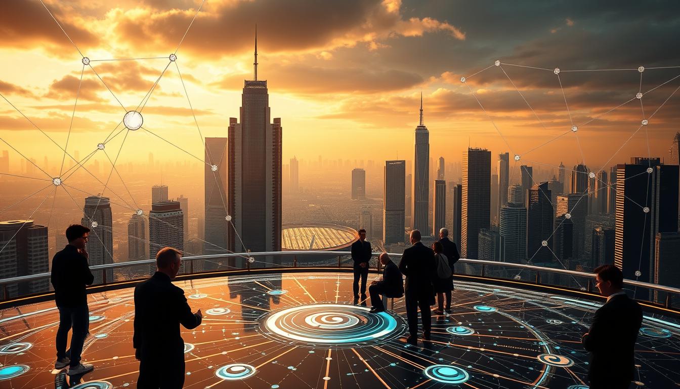 A decentralized autonomous organization (DAO) with intricate blockchain-powered governance mechanisms. In the foreground, a futuristic interface with interconnected nodes, dynamic data visualizations, and voting protocols. In the middle ground, a group of diverse stakeholders deliberating and reaching consensus through a decentralized decision-making process. The background features a cityscape with towering skyscrapers, each representing a different DAO, all interconnected through a web of decentralized networks. The scene is bathed in a warm, futuristic glow, conveying a sense of technological advancement and collaborative empowerment. The overall atmosphere suggests a harmonious balance between human agency and autonomous systems, reflective of the vision for a decentralized internet.