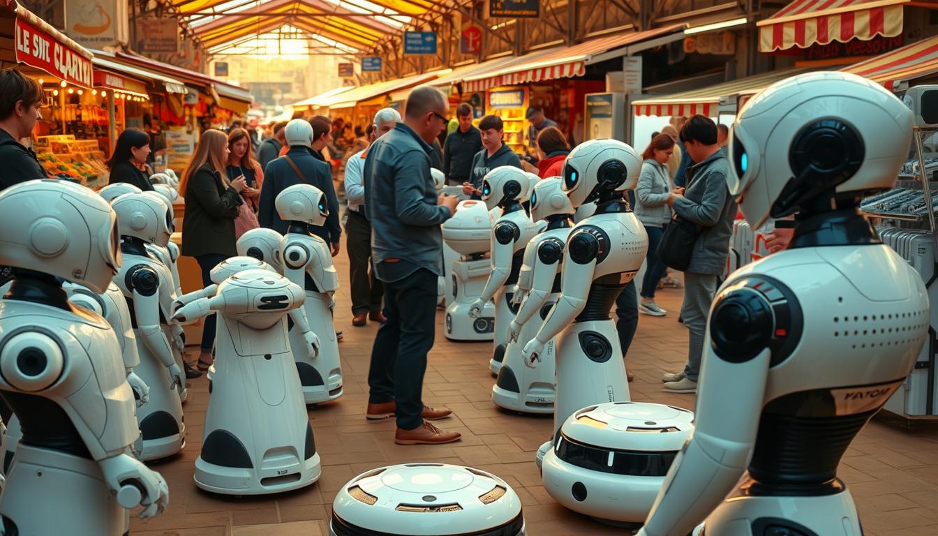 A bustling French marketplace showcasing the latest in domestic robotics technology. In the foreground, an array of sleek, futuristic-looking household helper robots are on display, their advanced features and capabilities demonstrated by knowledgeable salespeople. In the middle ground, curious consumers examine the robots, discussing their potential impact on daily life. The background is a vibrant scene of colorful stalls, vendor carts, and the lively chatter of a thriving economic ecosystem revolving around this emerging industry. Warm, natural lighting bathes the scene, creating a sense of optimism and innovation. The overall atmosphere conveys the growing prominence and promising future of the domestic robotics market in France.