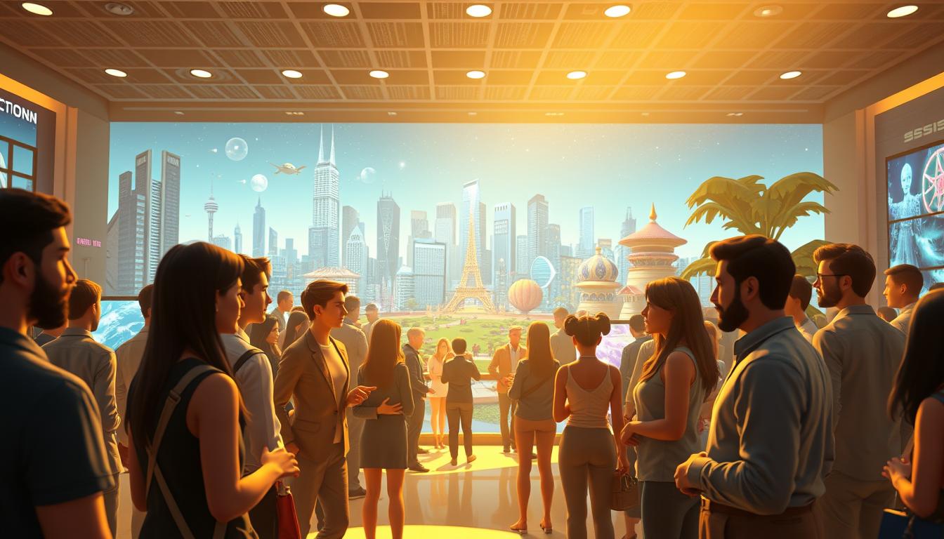 A bustling virtual social hub within the metaverse, illuminated by a warm, diffused lighting. In the foreground, lifelike avatars representing diverse individuals engage in animated conversations, their gestures and expressions conveying a sense of lively interaction. The middle ground features various digital environments, from sleek urban landscapes to whimsical fantasy realms, all seamlessly integrated to foster a sense of immersive exploration. In the background, a shimmering, data-infused skyline hints at the technological advancements that enable these profound social transformations within the metaverse.