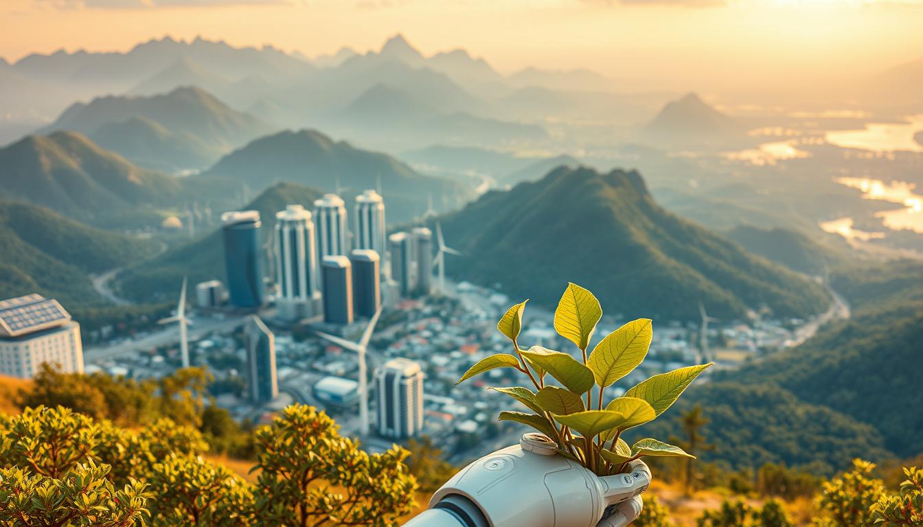 A vibrant, futuristic landscape showcasing the harmonious integration of artificial intelligence and environmental sustainability. In the foreground, a sleek, AI-powered robotic arm tenderly nurtures a thriving, verdant plant. Mid-ground, a sprawling cityscape features gleaming skyscrapers with solar panels and wind turbines, powered by clean, renewable energy. The background depicts a breathtaking, mountainous vista, with lush forests and pristine waterways. Warm, diffused lighting casts a serene, hopeful glow over the entire scene, conveying a sense of balance and progress. The overall composition evokes a vision of a sustainable, technologically-advanced future where AI solutions enhance rather than exploit the natural world.