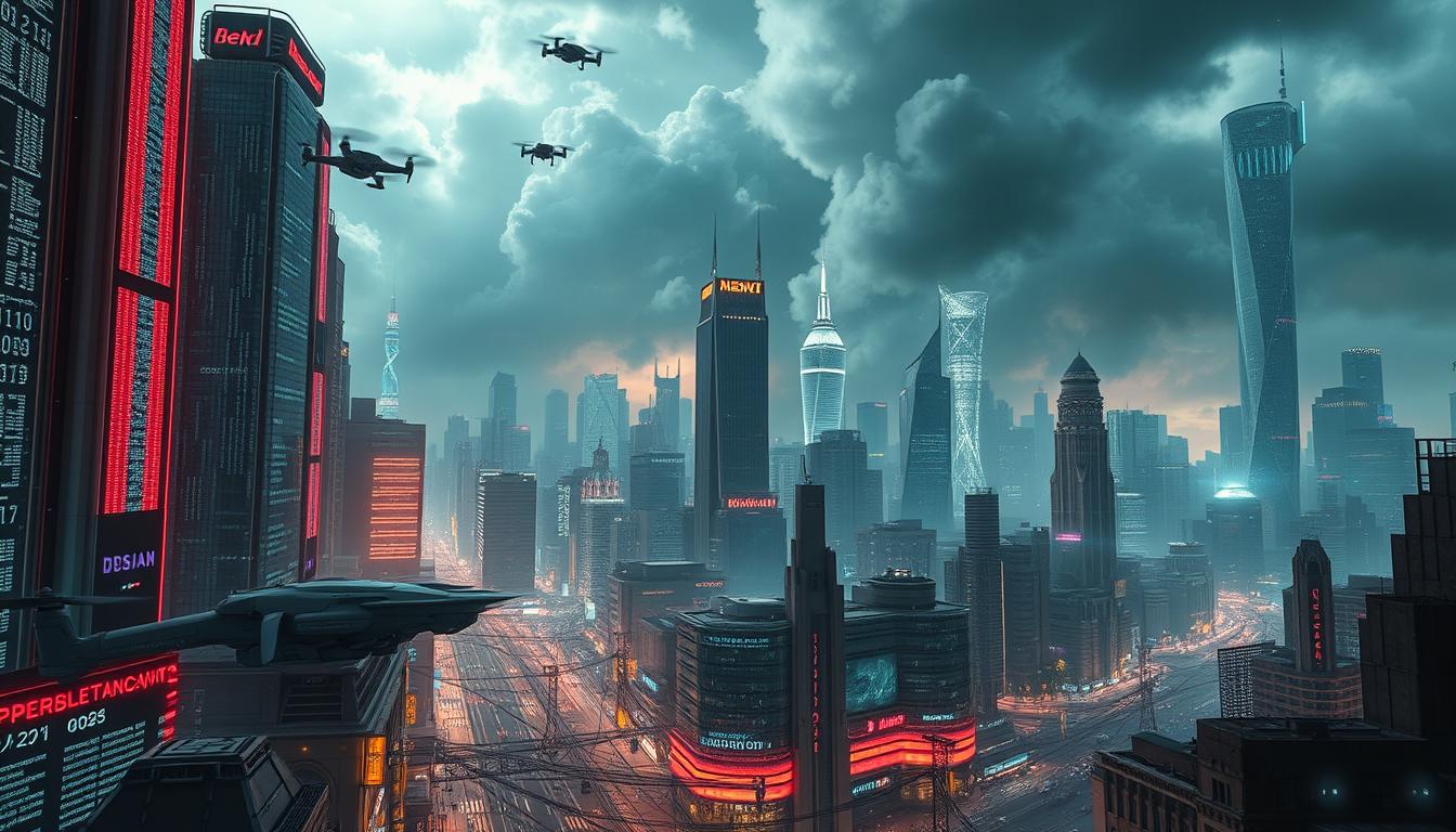 Detailed cyberpunk cityscape of a futuristic metropolis under siege by state-sponsored cyberattacks in 2025. Neon-lit skyscrapers and holograms are disrupted by glitching digital infrastructure, with drones and robotic sentinels patrolling the streets. In the foreground, a tangled web of hacked data streams and firewall breaches, while in the background ominous clouds of binary code and electromagnetic pulses obscure the skyline. Employ a cinematic, high-contrast lighting scheme with dramatic shadows to convey the gravity and high-stakes urgency of the scene. Avoid explicit violence or gore, focusing instead on the unsettling, technological nature of the threat.
