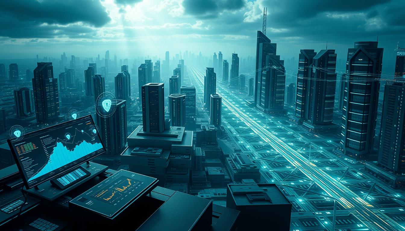 A digital landscape depicting the fusion of AI-powered cybersecurity and data protection. In the foreground, a sleek, futuristic interface showcases a range of security metrics and threat visualizations, with holographic data points floating above a command console. In the middle ground, a vast network of interconnected servers and cloud infrastructure, protected by an intricate web of firewalls and security protocols. In the background, a cityscape of towering, high-tech skyscrapers, their facades adorned with glowing data streams and security system displays. Dramatic lighting casts long shadows, creating a sense of power and urgency, while a cool, teal-hued color palette conveys a mood of technological sophistication and resilience.