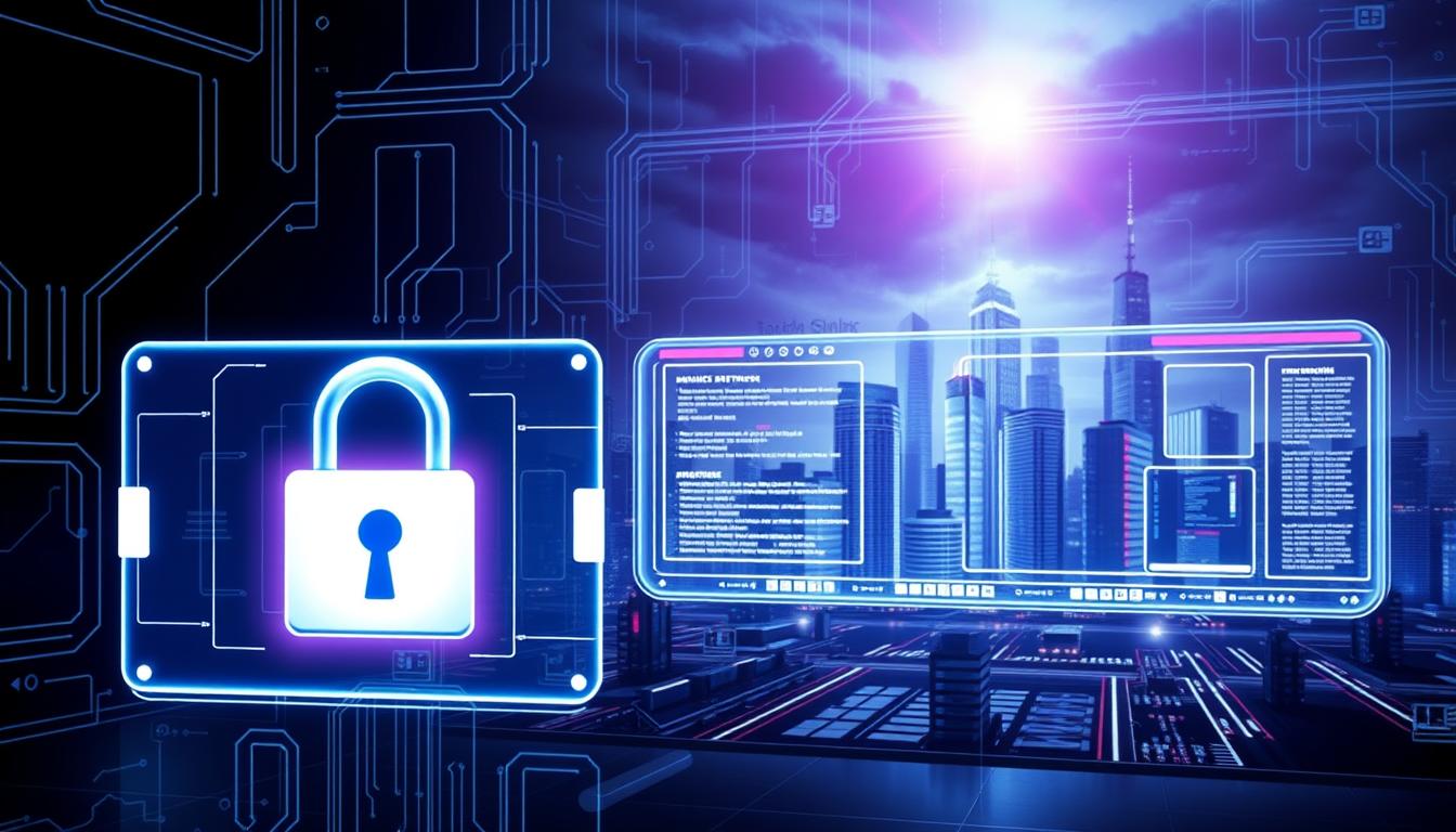 Detailed cybersecurity illustration depicting ransomware protection. In the foreground, a secure digital lock icon, representing encrypted data, shielded by a protective cybersecurity barrier. In the middle ground, a futuristic interface with advanced threat detection algorithms and real-time monitoring. The background showcases a dystopian cityscape, hinting at the evolving cyber threats of 2025. Dramatic lighting casts deep shadows, heightening the sense of digital vulnerability. Rendered in a high-tech, minimalist style with a cool color palette to convey the serious, professional nature of the subject matter.