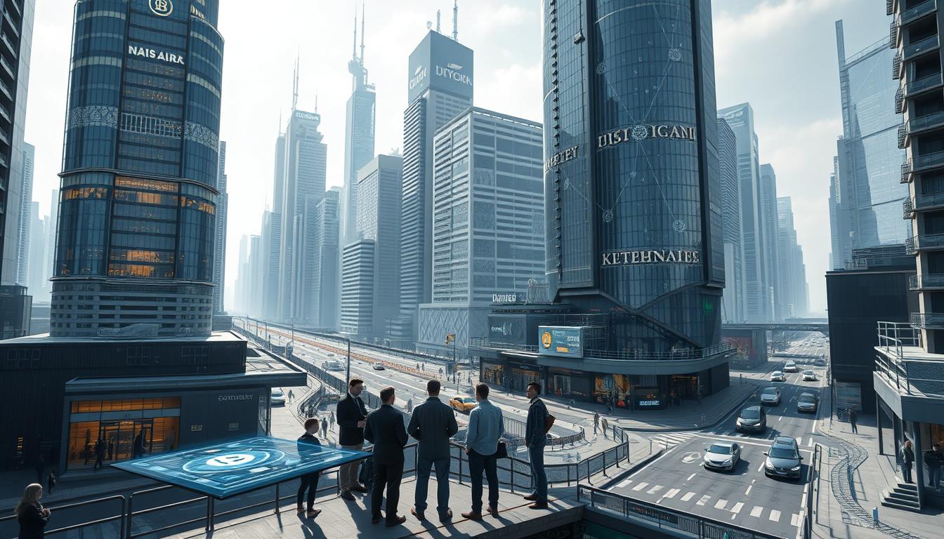 A detailed cityscape of a futuristic finance district, with towering skyscrapers adorned with blockchain-inspired architectural elements. In the foreground, a group of people are gathered around a holographic display, deep in discussion about decentralized finance protocols. The middle ground features bustling pedestrian walkways and autonomous vehicles navigating the streets. The background is dominated by a glowing, data-infused skyline, with the faint outlines of blockchain networks interwoven throughout. Bright, diffused lighting creates an air of innovation and progress, while a muted color palette of blues, grays, and metallic hues conveys a sense of technological sophistication. The overall scene evokes a vision of a decentralized financial system, powered by the transformative potential of blockchain technology.