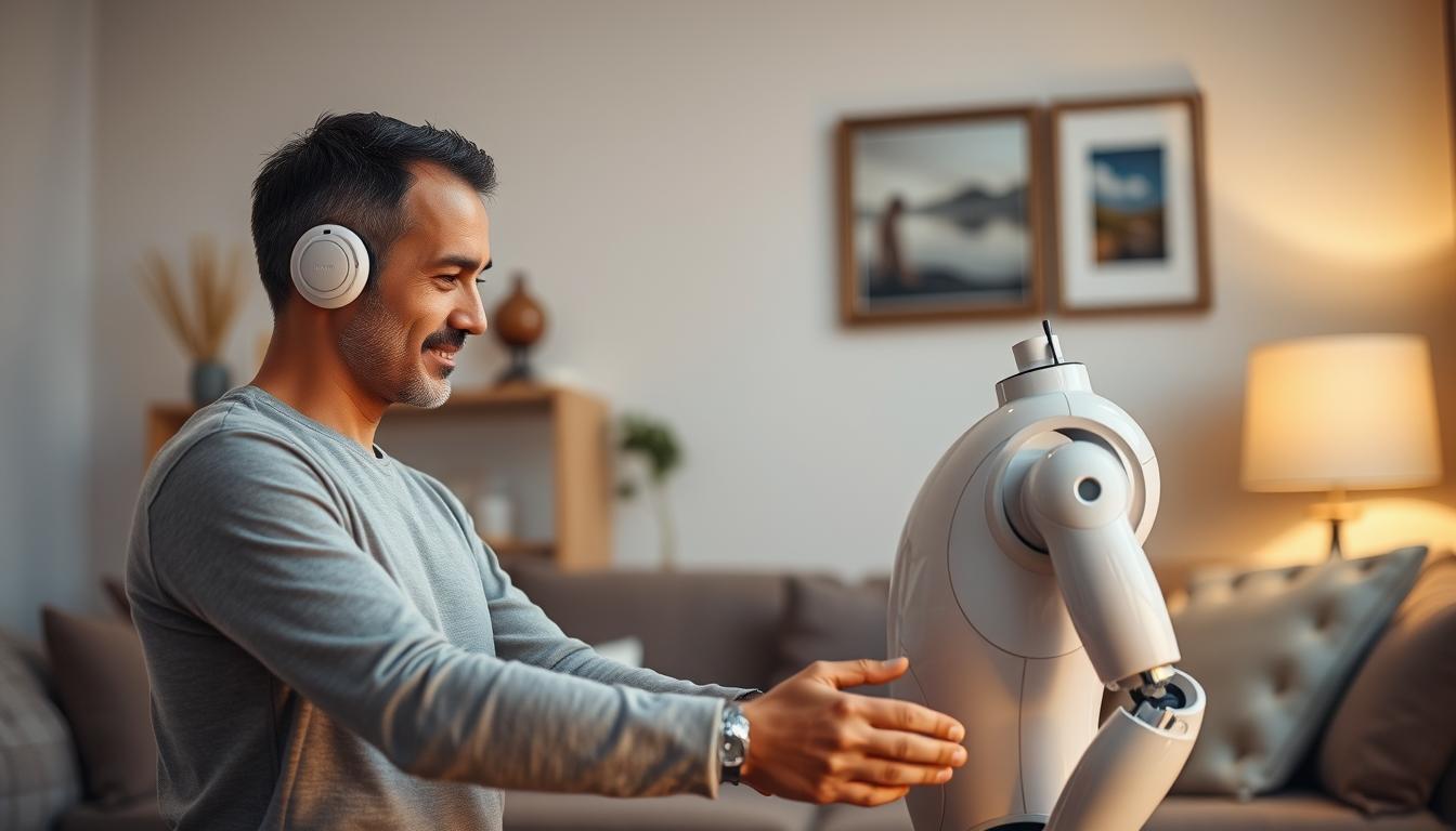 A man interacts with a sleek, modern-looking robot in a cozy, well-lit living room. The robot is gently assisting the man with a task, its movements fluid and natural. Soft, warm lighting illuminates the scene, creating a sense of comfort and ease. The robot's design is clean and minimalist, blending seamlessly into the home environment. The man's expression is one of curiosity and engagement, as he observes the robot's capabilities. The background features tasteful decor and furnishings, suggesting a contemporary, stylish domestic setting. The overall atmosphere conveys a harmonious, cooperative human-robot interaction within a familiar, domestic context.