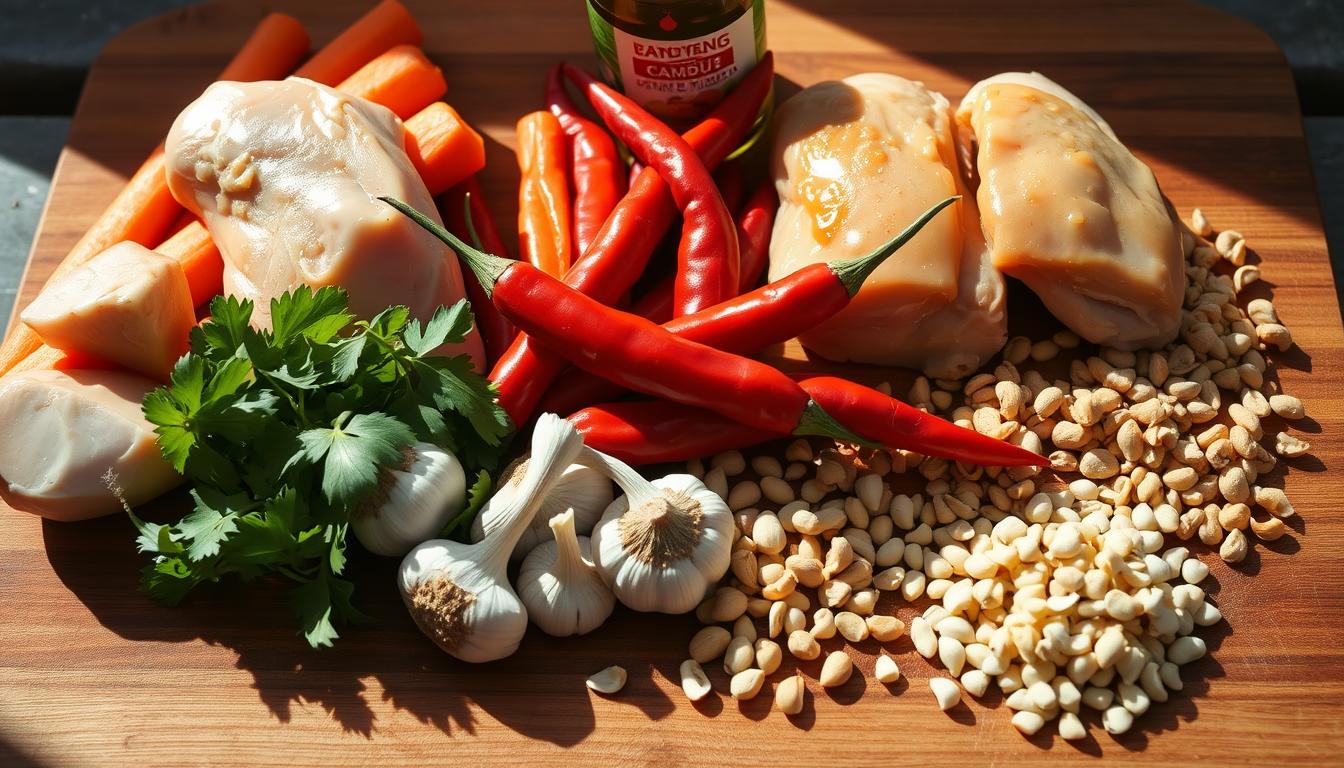 A crisp, well-lit close-up of a wooden cutting board arranged with a selection of fresh, vibrant ingredients for Bang Bang Chicken: juicy boneless, skinless chicken thighs, crisp carrots, creamy peanut butter, tangy rice vinegar, fragrant sesame oil, fiery red chili peppers, aromatic garlic cloves, and crunchy chopped peanuts. The lighting casts dramatic shadows, highlighting the textures and colors of the ingredients. The overall composition is balanced and visually appealing, inviting the viewer to imagine the delicious flavors and textures of the final dish.