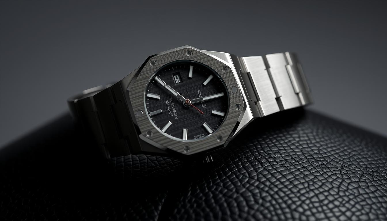 A sleek and sophisticated Audemars Piguet Royal Oak timepiece rests on a luxurious black leather surface. The iconic octagonal stainless steel case, with its distinctive &amp;amp;amp;amp;amp;quot;Tapisserie&amp;amp;amp;amp;amp;quot; pattern, is captured in exquisite detail, reflecting the light's subtle interplay. The brushed and polished surfaces create a mesmerizing contrast, while the faceted bezel and integrated bracelet seamlessly flow together, showcasing the watch's timeless design. In the background, a soft, muted studio setting emphasizes the Royal Oak's striking presence, inviting the viewer to appreciate its elegant, minimalist aesthetic and the exceptional craftsmanship that defines this legendary Swiss timepiece.