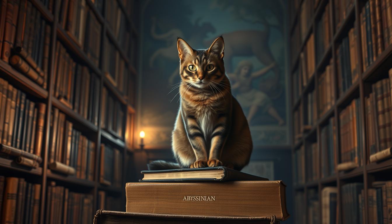 A dimly lit, ancient library setting with tall shelves filled with antique books and scrolls. In the foreground, a majestic Abyssinian cat sits atop a worn, leather-bound tome, its piercing gaze and regal posture capturing the essence of its storied history. Soft, warm lighting illuminates the scene, casting gentle shadows that suggest the passage of time. The background features a mural or tapestry depicting the Abyssinian's origins in the Horn of Africa, hinting at the breed's exotic heritage. The overall atmosphere conveys a sense of reverence and scholarly contemplation, befitting the subject of the Abyssinian cat's historical origins.