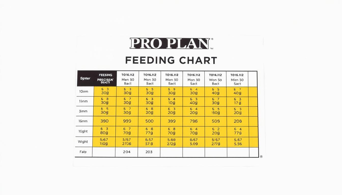 A high-resolution, detailed illustration of a Purina Pro Plan dog food feeding chart, presented against a clean, white background with soft, even lighting. The chart itself is the central focus, rendered with crisp typography, precise measurement labels, and clear graphical elements that convey feeding recommendations based on dog size and weight. The composition showcases the chart in a visually organized, informative manner to aid in understanding the Purina Pro Plan dog food feeding guidelines.