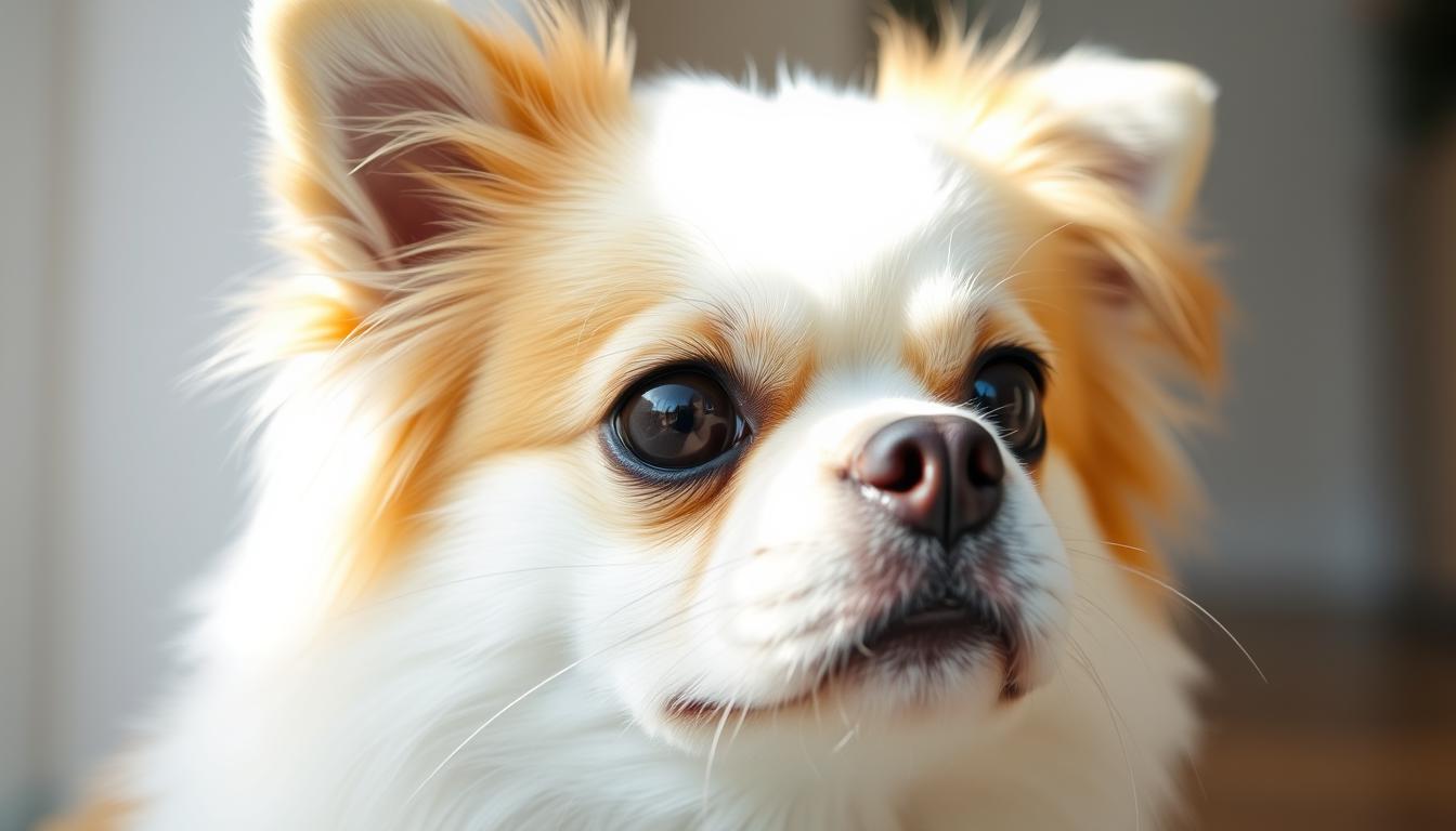 A close-up portrait of a Japanese Chin dog, its fluffy white and tan coat glowing in soft, diffused natural lighting. The dog's face is framed by its characteristic large, expressive eyes and pointed ears, conveying a gentle, attentive expression. The background is blurred, placing the dog's health and well-being as the focal point. The lighting accentuates the dog's features, highlighting its unique physiognomy and the potential health issues associated with the breed, such as respiratory problems, eye conditions, and dental issues. The image evokes a sense of care, concern, and the need to address the specific dietary and medical needs of this delicate companion animal.